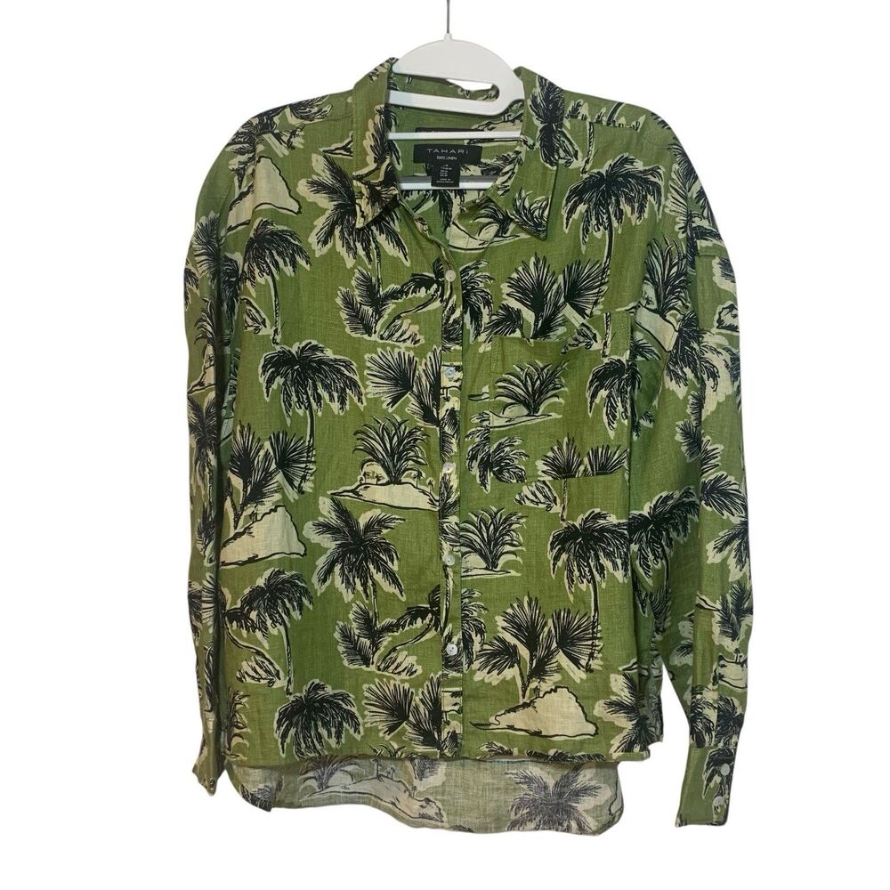 Tahari Womens Green Tropical Print Linen Flax Tropical Resort Top M Vacation